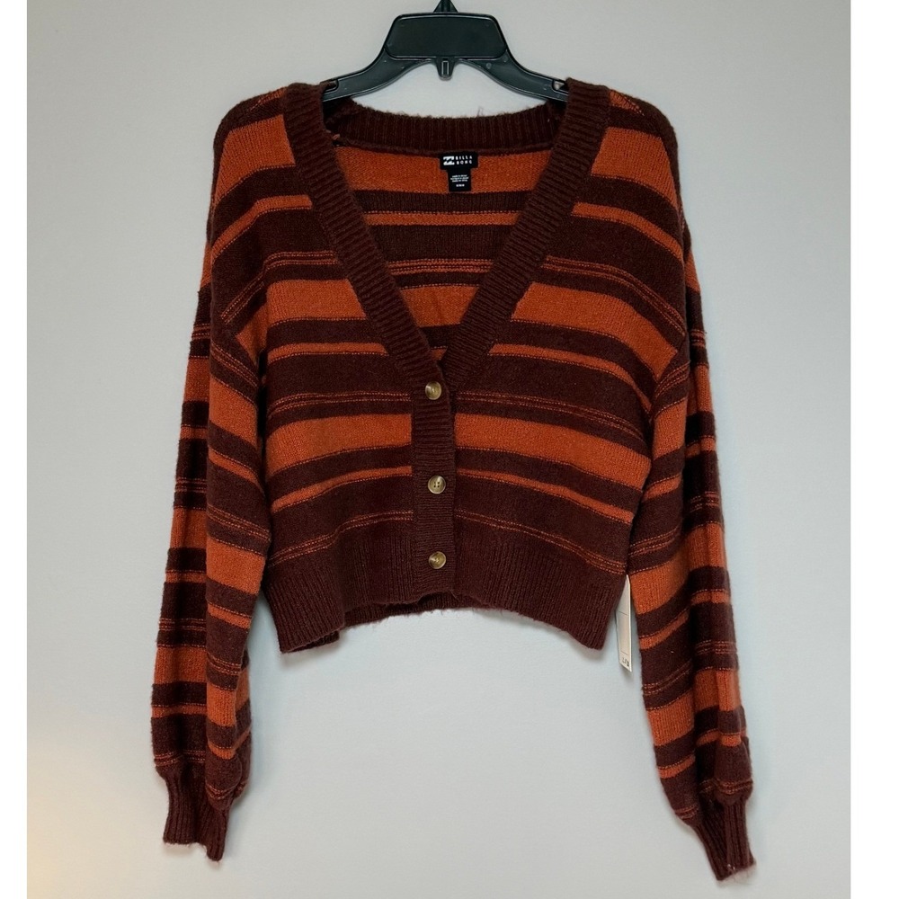 Billabong Women Striped Cropped Cardigan Sweater Brown Orange V-Neck Medium NWT